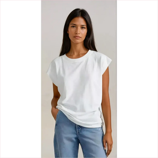 T-shirt basic girocollo bianca in cotone con maniche a volants