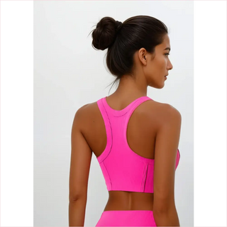 Reggiseno sportivo rosa neon con design racerback comodo, lati alti e tessuto elastico