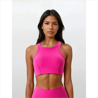 Reggiseno sportivo neon rosa con design racerback comodo e scollatura alta