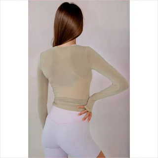 Beige mesh dancer wrap bra top con design cutout unico