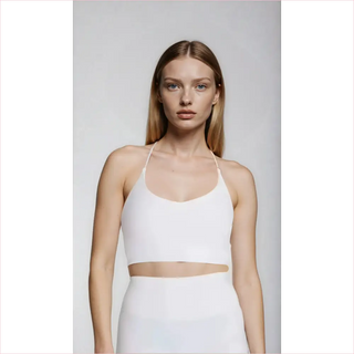 Reggiseno sportivo bianco con scollo halter, rifiniture oro e cutout, Daring Back Top