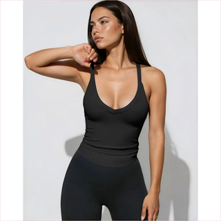 Maglia knitted tank nera aderente con spalline sottili e scollatura V profonda