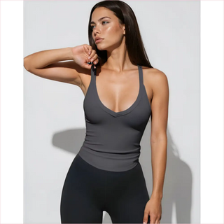 Maglia knitted tank grigia scura a costine, scollatura V profonda