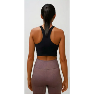 Reggiseno sportivo a costine nero con design racerback crop e leggings dusty rose