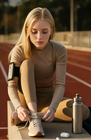 Scarpe atletiche beige mesh con suola tan e lacci coordinati per leggings super soft high waisted