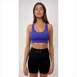 Original crop: reggiseno sportivo a costine blu royal con shorts neri e coulisse