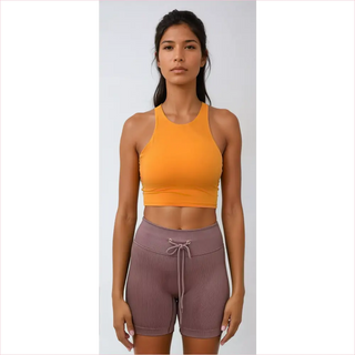 Orange ribbed sports bra con shorts a vita con coulisse e scollo alto