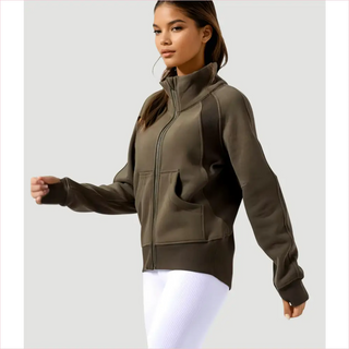 Felpa Boston Sweater verde oliva con zip e polsini a costine